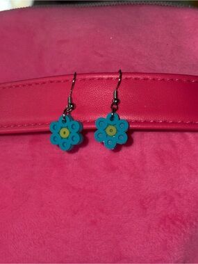 hand made Turquoise  Flower Dangle Earrings with Yellow Center
